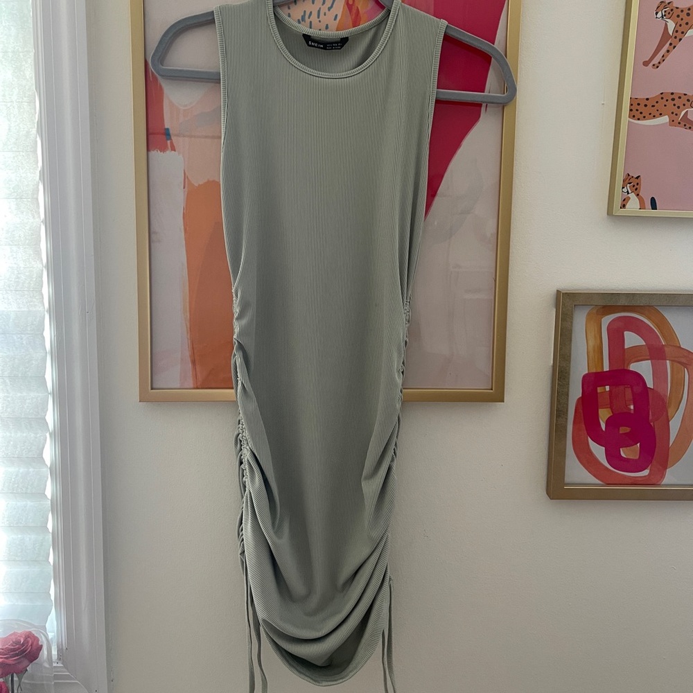 Ruched side drawstring rib knit dress